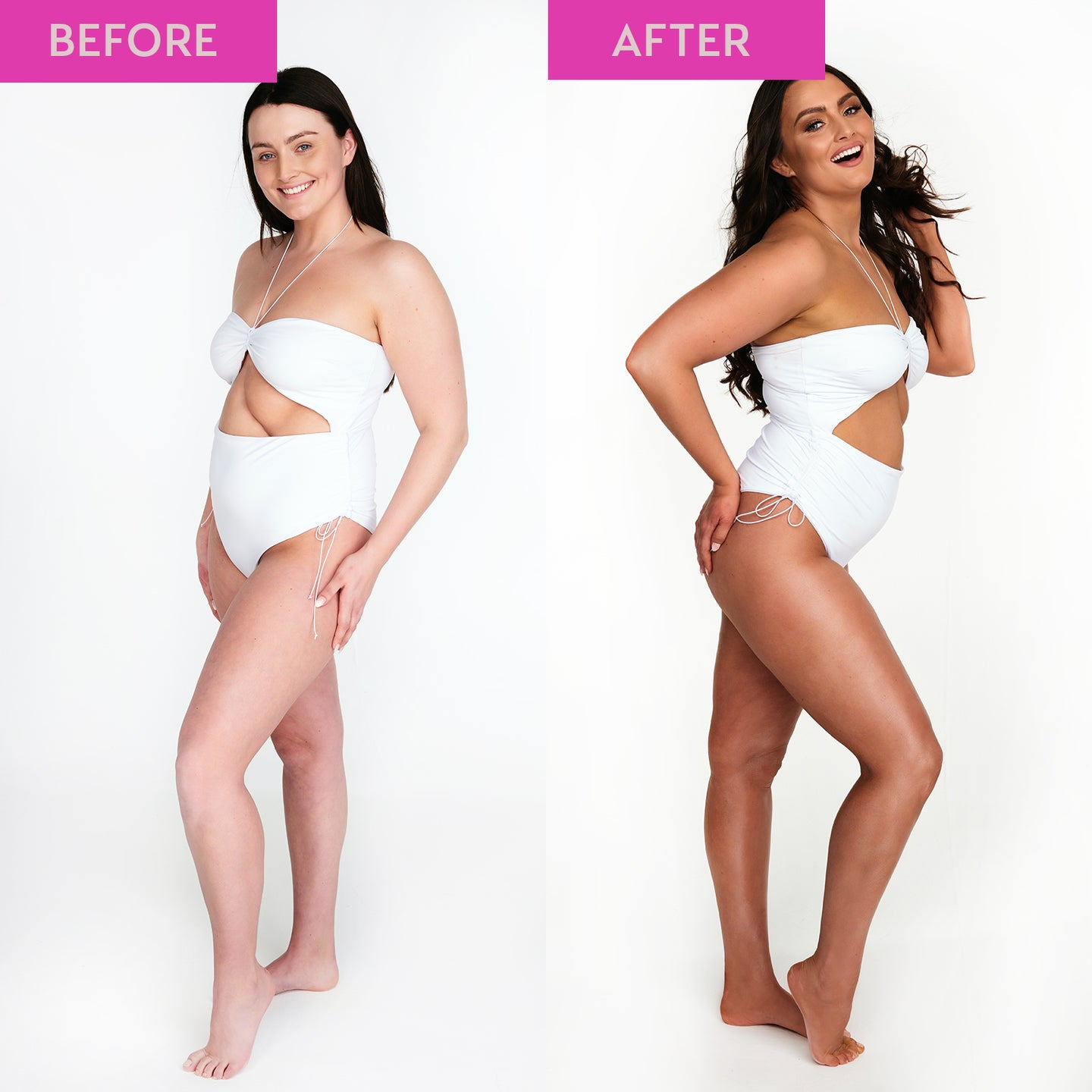 Before and after video showing a model in a white bikini. The before shows her with pale skin while the after shows her with a natural, dark tan following use of the rapid mousse by He-Shi